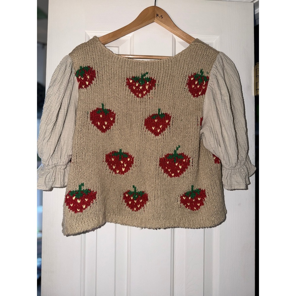 FREE PEOPLE ~ STRAWBERRY JAM Knit Crop Top L Large Sweater Puffed Gauze Sleeve - Picture 6 of 9